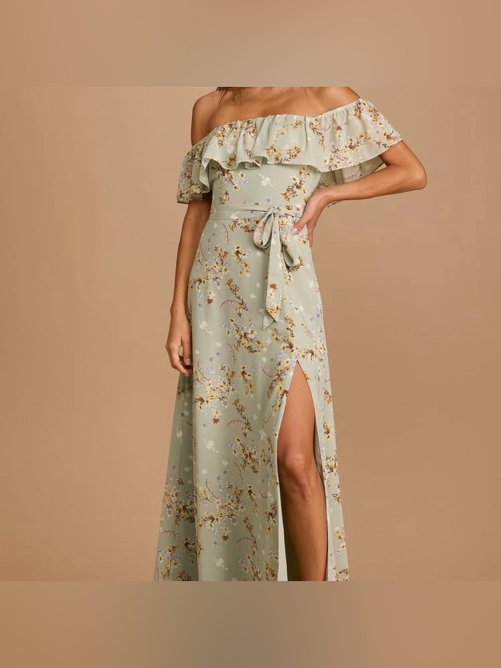 Lulu's Sage Green One-Shoulder Floral Maxi Dress